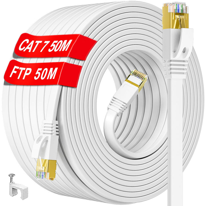 LAN Kabel 50 meter, Cat 7 50m Netzwerkkabel weiss, Hochgeschwindigkeit Ethernet kabel Flach- 10000 M