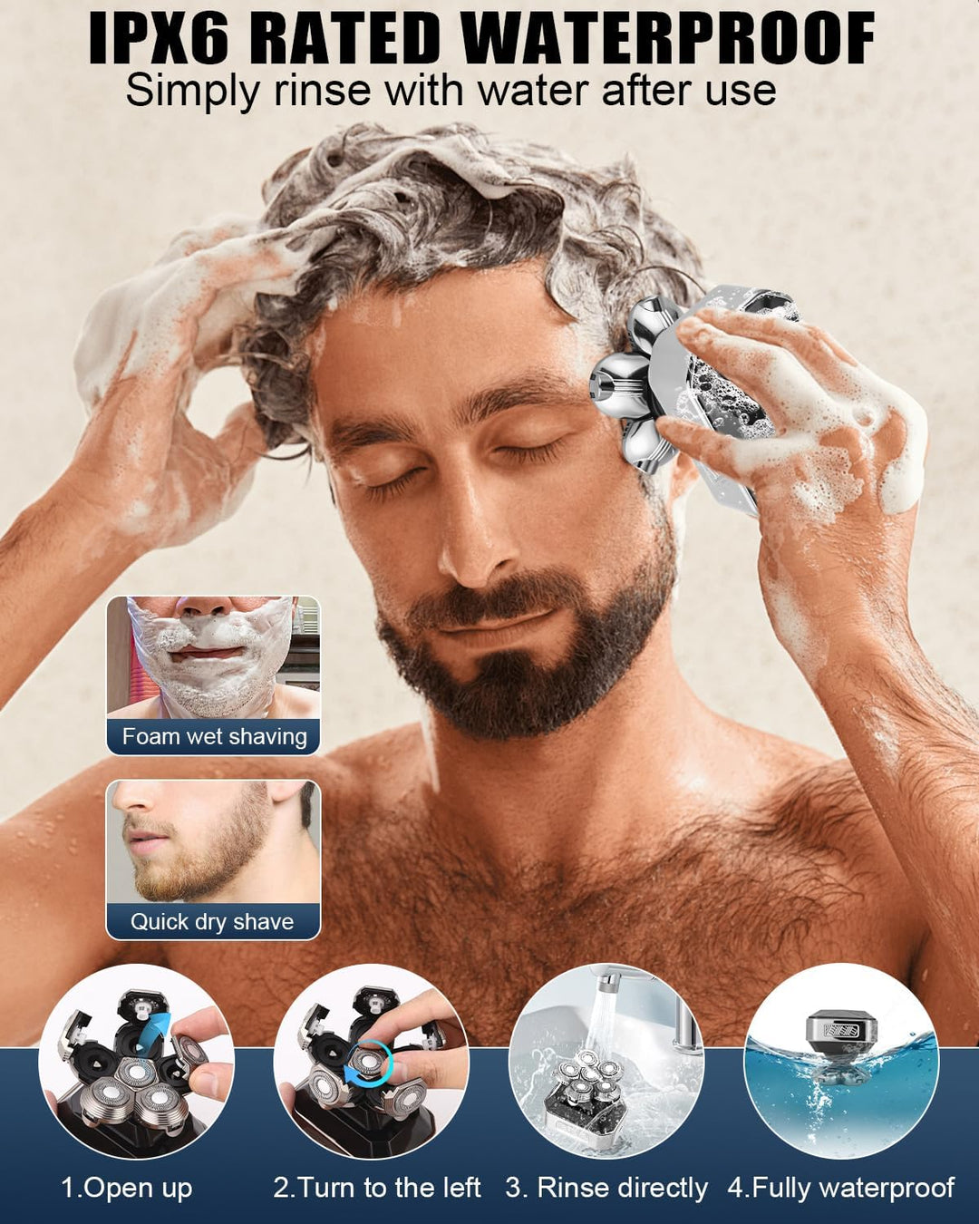 Glatzen Rasierer Herren, IPX6 Wasserdicht 6D Flexibler Glatzenrasierer,Nass-und Trockenkopfrasierer