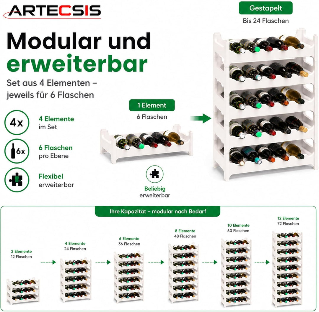 ARTECSIS® Weinregal stapelbar & modular erweiterbar Kunststoff für 24 Weinflaschen (weiss) - Stabile