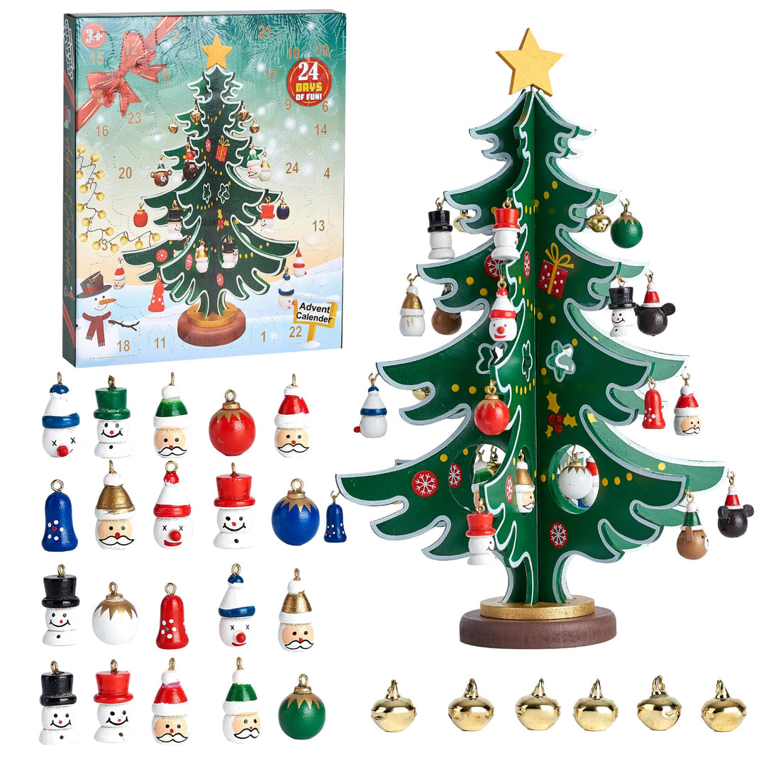 Douthfolle Adventskalender 2023 Kinder mit Hölzerner Weihnachtsbaum und 30 Ornamenten,24 Tage Weihna