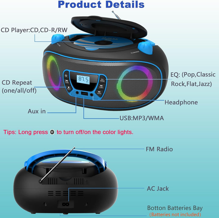 Tragbarer Stereo-CD-Player Boombox mit UKW-Radio, Bluetooth, CD-R/CD-RW/MP3/WMA-Wiedergabe, USB-Ansc