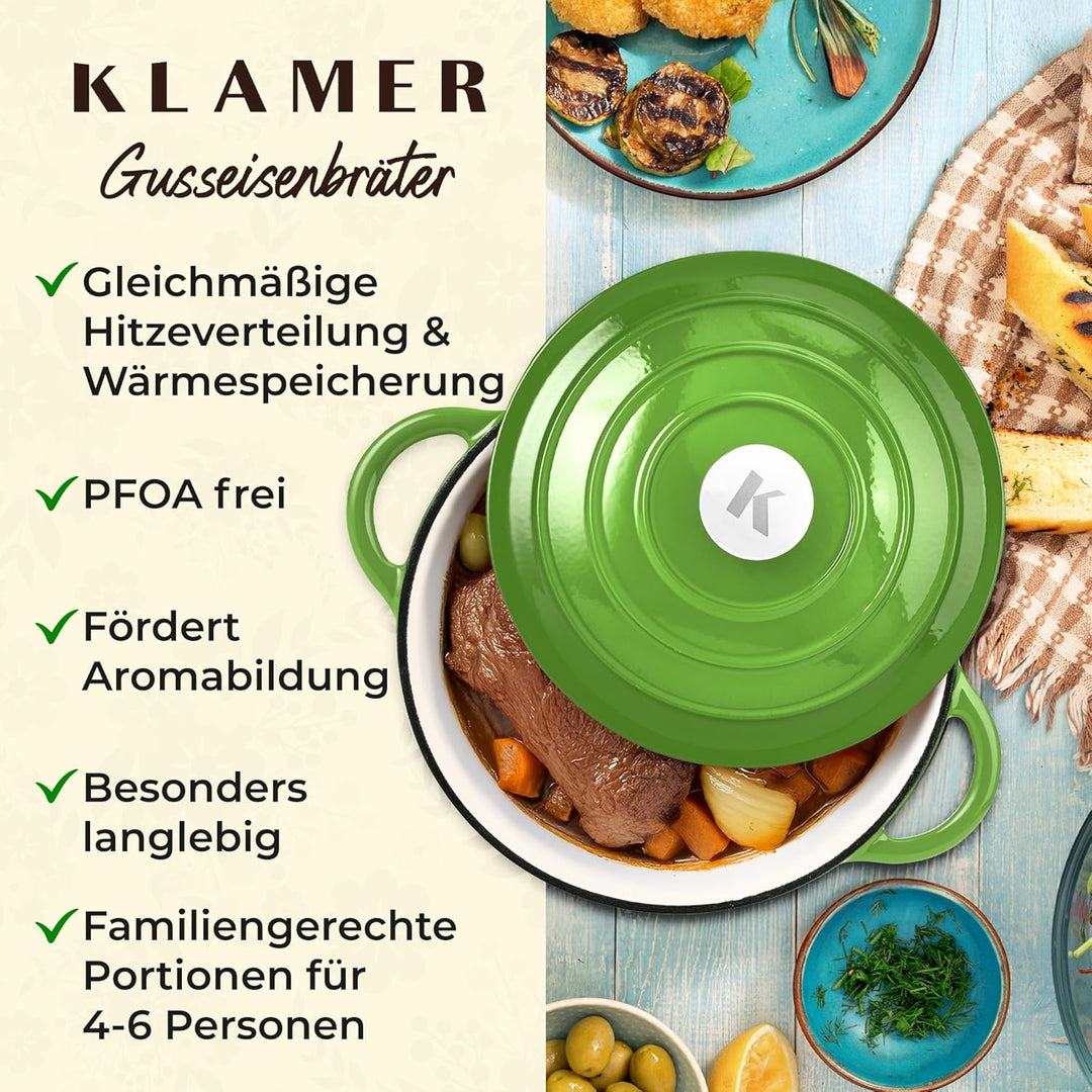 KLAMER Gusseisen Bräter 5 L, Gusseisen-Topf 25 cm backofengeeignet, Emaille Schmortopf mit Deckel, P