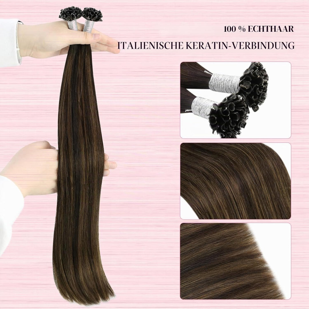 YoungSee Extensions Echthaar Bondings Ombre Keratin U Tip Extensions Echthaar Braun Ombre Mittelbrau