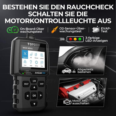 TOPDON OBD2 Diagnosegerät AL500 für Emission Fehler,DTCs Lesen/Löschen,Automatisch VIN Kennen und DT