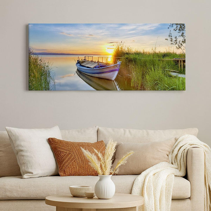 Wandbilder Dekoration Wohnzimmer See Boot Wasser Panorama Bilder auf Leinwand 120x50cm Leinwandbild