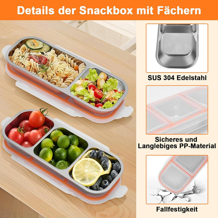 Snackbox mit Fächern Edelstahl: 2 Stück Auslaufsicher Snackdose mit Deckel(600ml+700ml)-Tragbare Bro