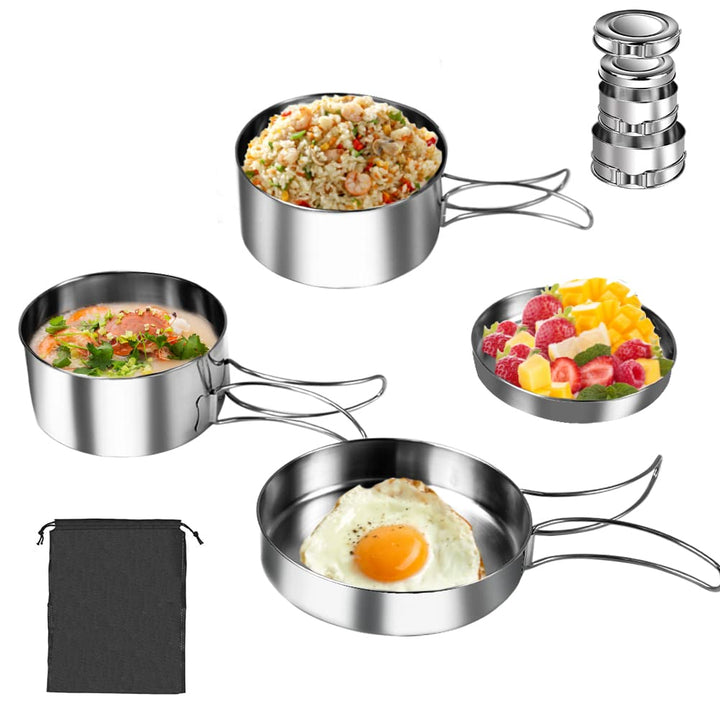 QINERSAW 4er Set Edelstahl Camping Kochgeschirr Outdoor Topf Camping Kochtopf Outdoor Topfset Campin