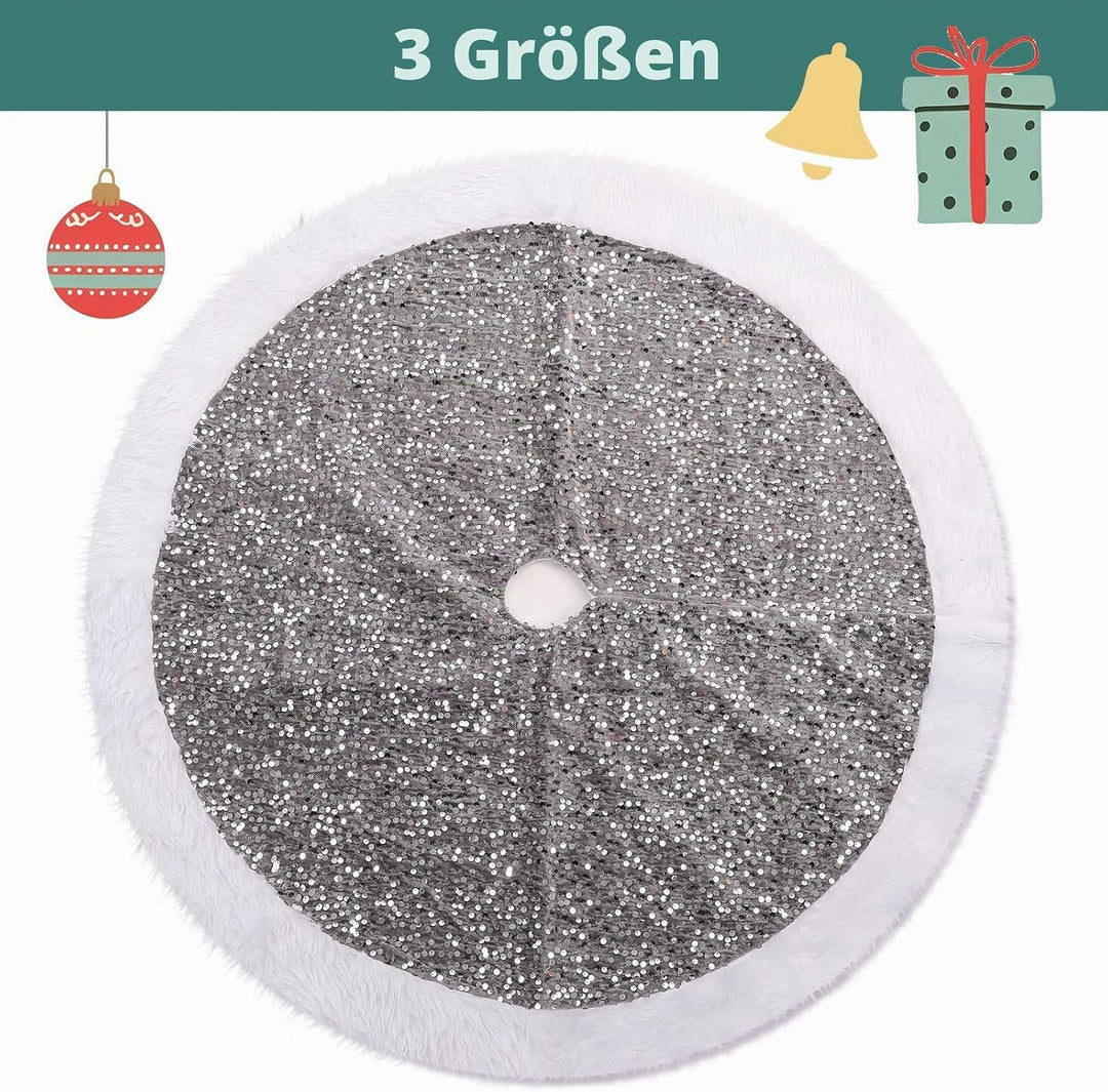 KONVINIT Grau Weihnachtsbaumdecke Rund Pailletten Christbaumdecke Luxus Weihnachtsbaumrock Weihnacht