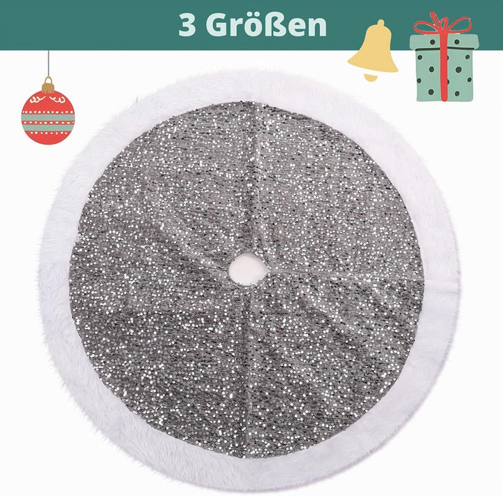 KONVINIT Grau Weihnachtsbaumdecke Rund Pailletten Christbaumdecke Luxus Weihnachtsbaumrock Weihnacht
