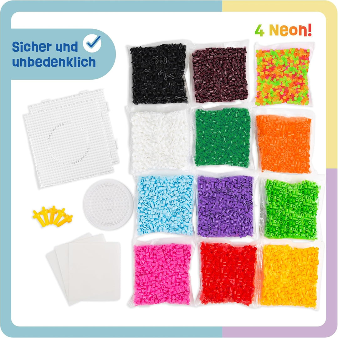 Smowo® 10.000 Bügelperlen Set inkl. 15 Farben, Steckplatten und Zubehör - 5mm Perlen Basteln Box - P