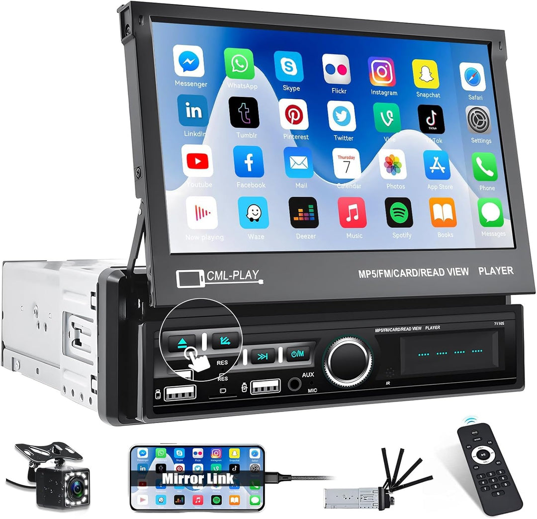 CAMECHO 1 Din Autoradio Bluetooth mit Bildschirm,7 Zoll Automatisch Ausfahrbares Flip Out Display Au