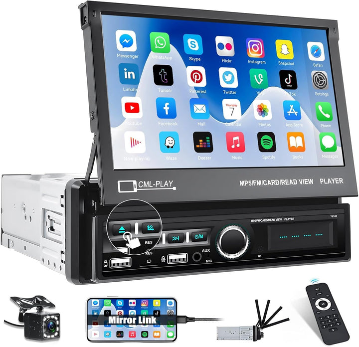 CAMECHO 1 Din Autoradio Bluetooth mit Bildschirm,7 Zoll Automatisch Ausfahrbares Flip Out Display Au