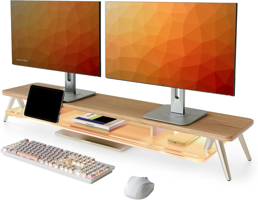 Fenge Monitorständer,108cm, LED-Beleuchtung für Laptop PC TV, Dunkle Eiche | Schaltbare Farben, 2 Ge