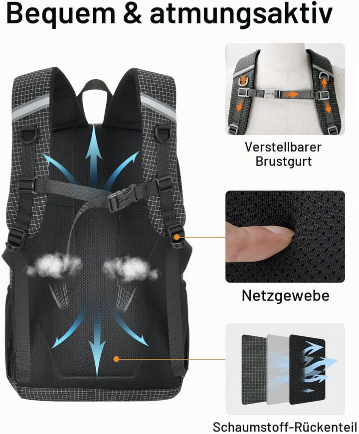 20L Klein Wanderrucksack Damen Herren, Leicht Tagesrucksack mit Rückenbelüftung 3D Air Mesh, Daypack