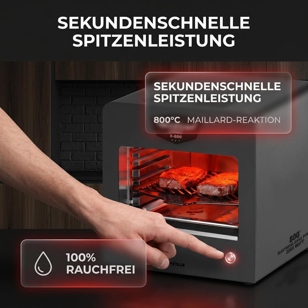 Trisa BBQ Grill X-800 Elektrogrill 2200W, 800 Grad Oberhitzegrill für Perfekte Steaks & Pizza, Indoo