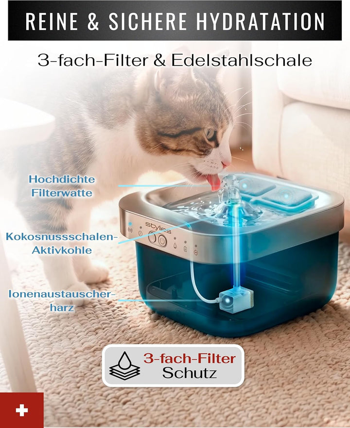 Katzenbrunnen kabellos, Trinkbrunnen Katze 2,5L, 5000mAh Akku bis 80 Tage, Bewegungsmelder, Hunde &amp;