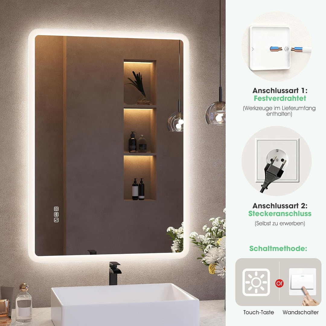 S'bagno Badspiegel-mit-Beleuchtung 80x60cm, Led-Badezimmerspiegel-mit-Licht, Bluetooth, Entfoggen, 3