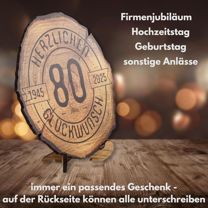 Baumscheibe mit Gravur für 80. Geburtstag – Geburtstags Geschenk aus Holz – Hochwertige Holz Geschen