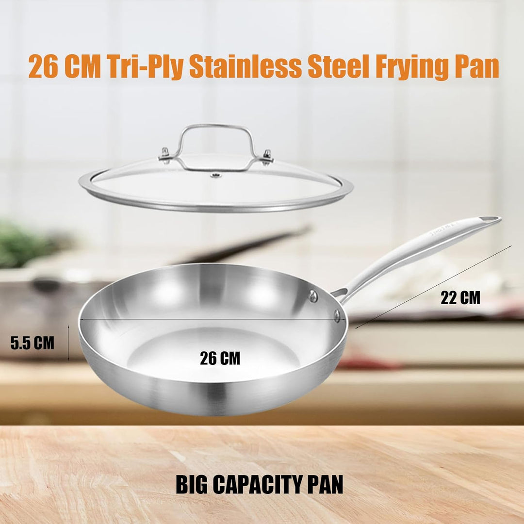 Inqibee Edelstahlpfanne Bratpfanne Unbeschichtet 26 cm mit Deckel - Pfanne Edelstahl, Stainless Stee