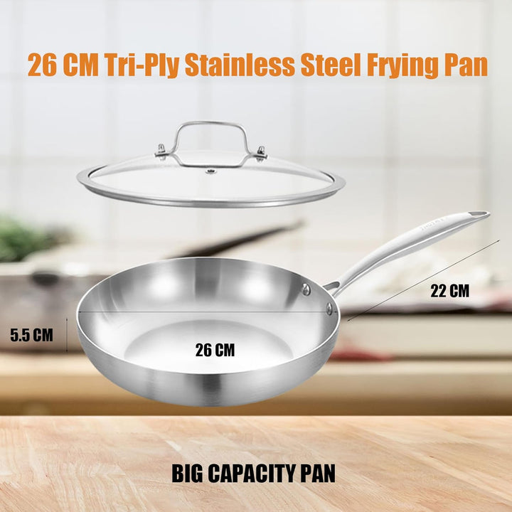 Inqibee Edelstahlpfanne Bratpfanne Unbeschichtet 26 cm mit Deckel - Pfanne Edelstahl, Stainless Stee