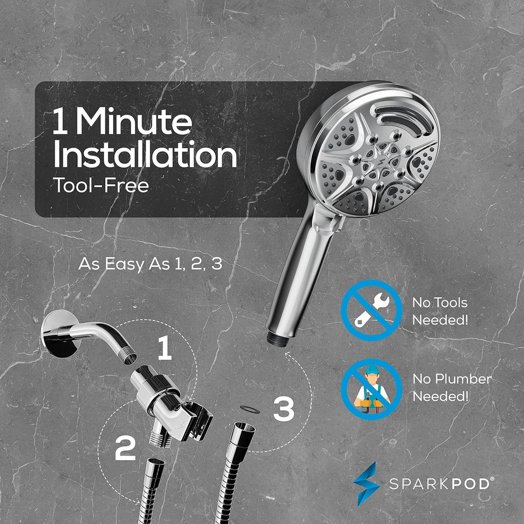 SparkPod 5 Inch 9 Function Shower Head - Handheld High Pressure Jet with On/Off Switch, Pause and Wa