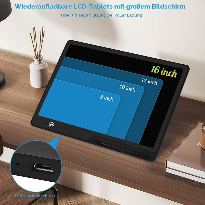 LCD Schreibtafel Kinder 16 Zoll Wiederaufladbar, Maltafel Zaubertafel Bunter Bildschirm Kleinkinder
