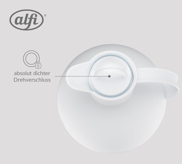 alfi KUGEL 0,94l, coconut white mat, Kunststoff-Isolierkanne mit hygienischem Hartglaseinsatz, Drehv