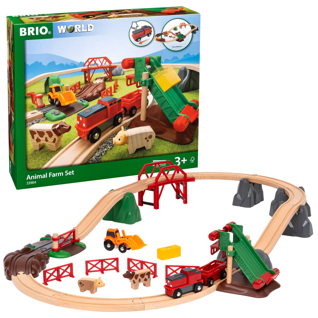 BRIO 33984 - Bauernhof Set - Holzeisenbahn mit Bauernhof, Tieren und Holzschienen - Kleinkinderspiel