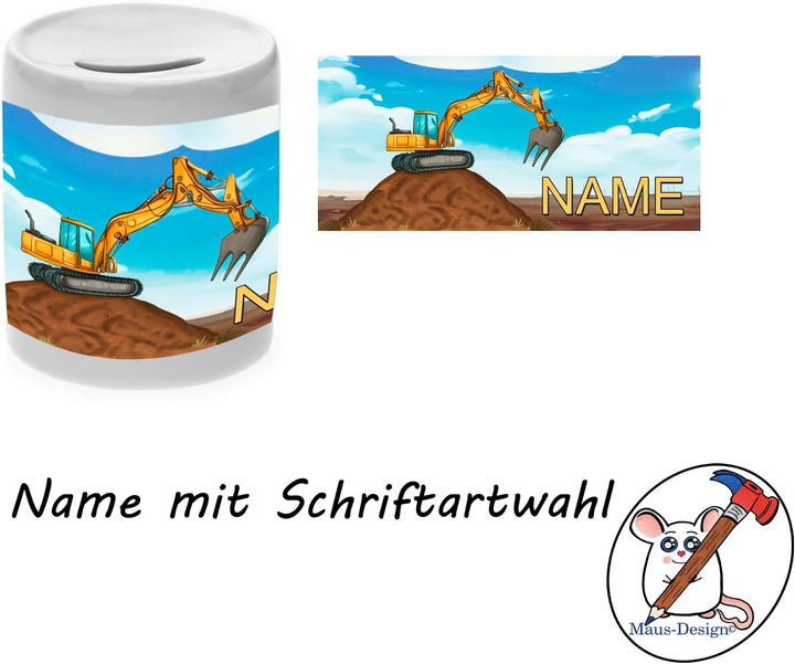 Keramik Spardose mit Personalisierung z.B. Name und Schriftartwahl (Bagger), Bagger
