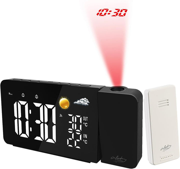 infactory Uhr Projektor: Funk-Wetterstation mit Projektionswecker, Aussensensor, USB, schwarz (Duala