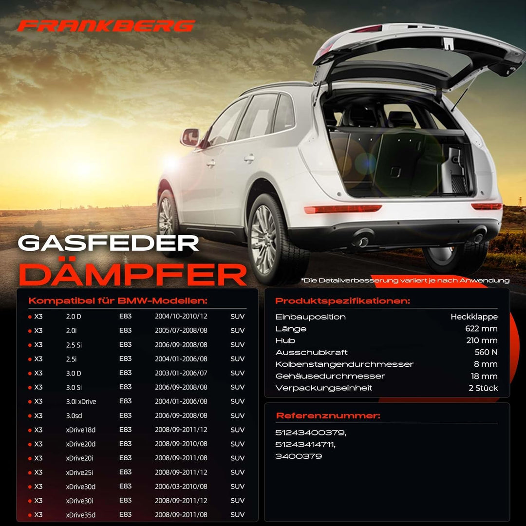 Frankberg 2x Gasfeder Dämpfer Heckklappe Kofferraum Kompatibel mit X3 E83 Alle Motoren SUV 2003-2011