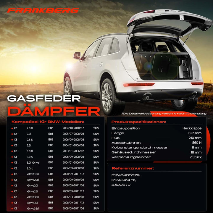 Frankberg 2x Gasfeder Dämpfer Heckklappe Kofferraum Kompatibel mit X3 E83 Alle Motoren SUV 2003-2011