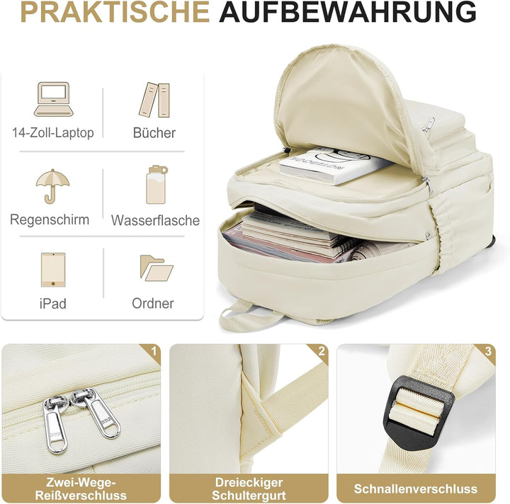 Rucksack Damen Herren, Leichter Schulrucksack Teenager Mädchen Jungen Beige, Beige