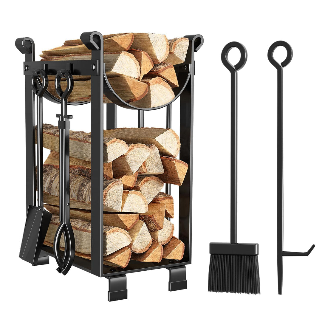 Amagabeli Kaminholzregal mit 4-teilig Besteck 78x29x35.8cm Innen Kaminholzständer Kamin Begleiter Se