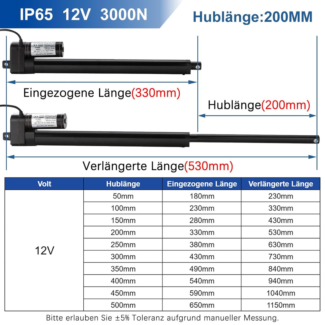 Jvnvlki 200mm Hub 3000N Linearantrieb 12V Linear Actuator Linearmotor 5mm/s Mit Montagebügeln für Li