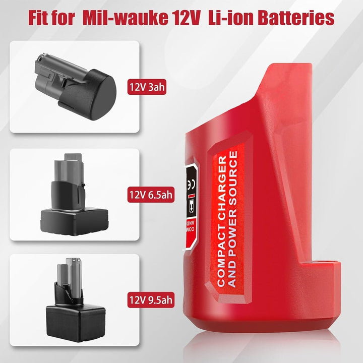 M12 Akku Ladegerät mit Typ-C Anschluss & DC 12V Ausgang, Ersatz-Netzteil für Milwaukee M12 12V Akku