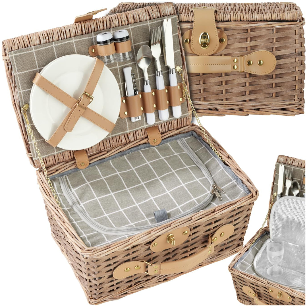 tectake® Picknickkorb 2 Personen, inkl. Kühlfach, befüllter Picnic Basket Weidenkorb für Ausflug, Ca