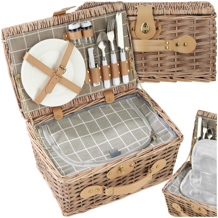 tectake® Picknickkorb 2 Personen, inkl. Kühlfach, befüllter Picnic Basket Weidenkorb für Ausflug, Ca