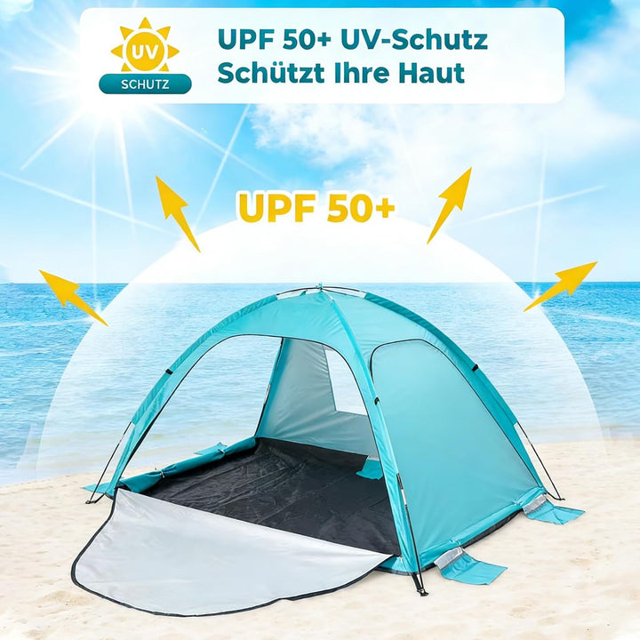 Strandmuschel, UV Schutz 50+ Familie Zelt für 3-4 Personen, Belüftung Strandzelt mit 3 Reissverschlu