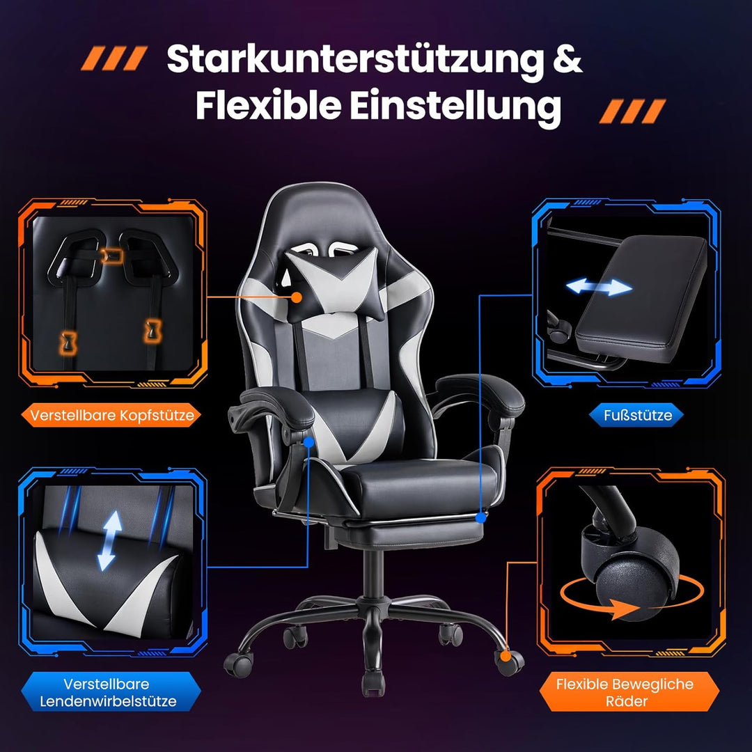 Sweetcrispy Gaming Stuhl, Gaming Chair mit Fussstütze Kopfstütze Lendenwirbelstütze, Ergonomischer P
