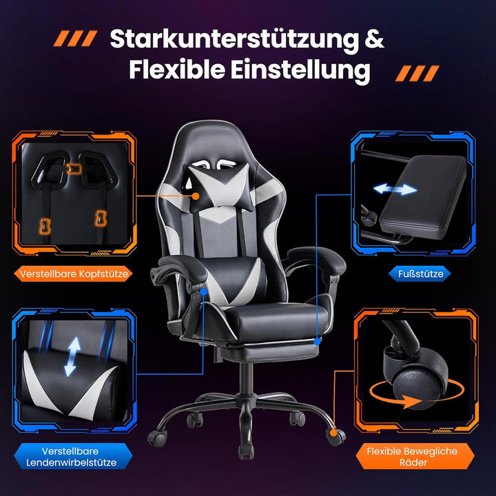Sweetcrispy Gaming Stuhl, Gaming Chair mit Fussstütze Kopfstütze Lendenwirbelstütze, Ergonomischer P