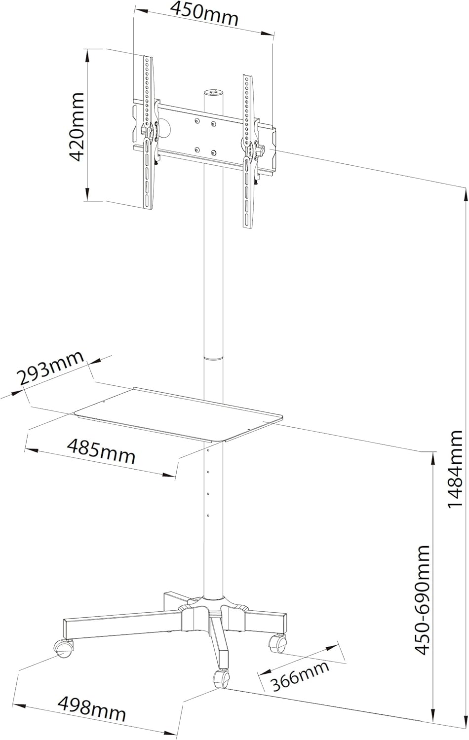 Ergosolid mit Rollen, verstellbar, für LCD-Fernseher von 32 – 55 Zoll, neigbar, VESA max. 400 x 400
