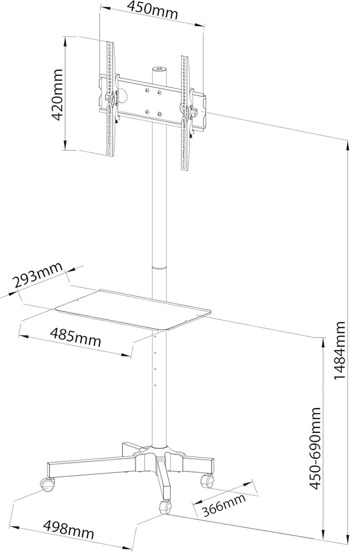 Ergosolid mit Rollen, verstellbar, für LCD-Fernseher von 32 – 55 Zoll, neigbar, VESA max. 400 x 400