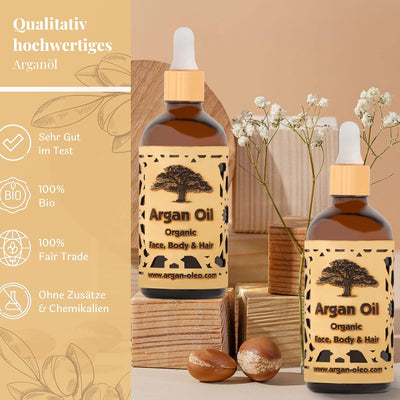 SEHR GUT IM TEST - R&M Beauty-Oleo 2x Bio Argan-Öl aus Marokko - Fair Trade Öl für Haare, Gesicht, N