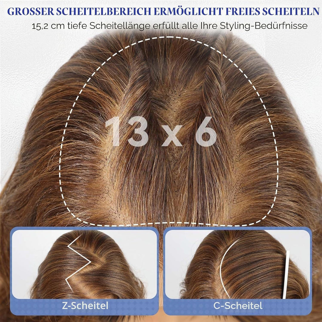 HAIRCUBE 13x6 HD Synthetische Lace-Front-Perücke, 24 Zoll gemischte braune lange lockige geschichtet