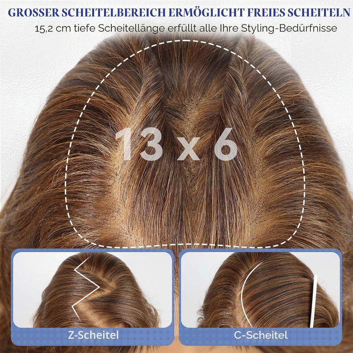 HAIRCUBE 13x6 HD Synthetische Lace-Front-Perücke, 24 Zoll gemischte braune lange lockige geschichtet