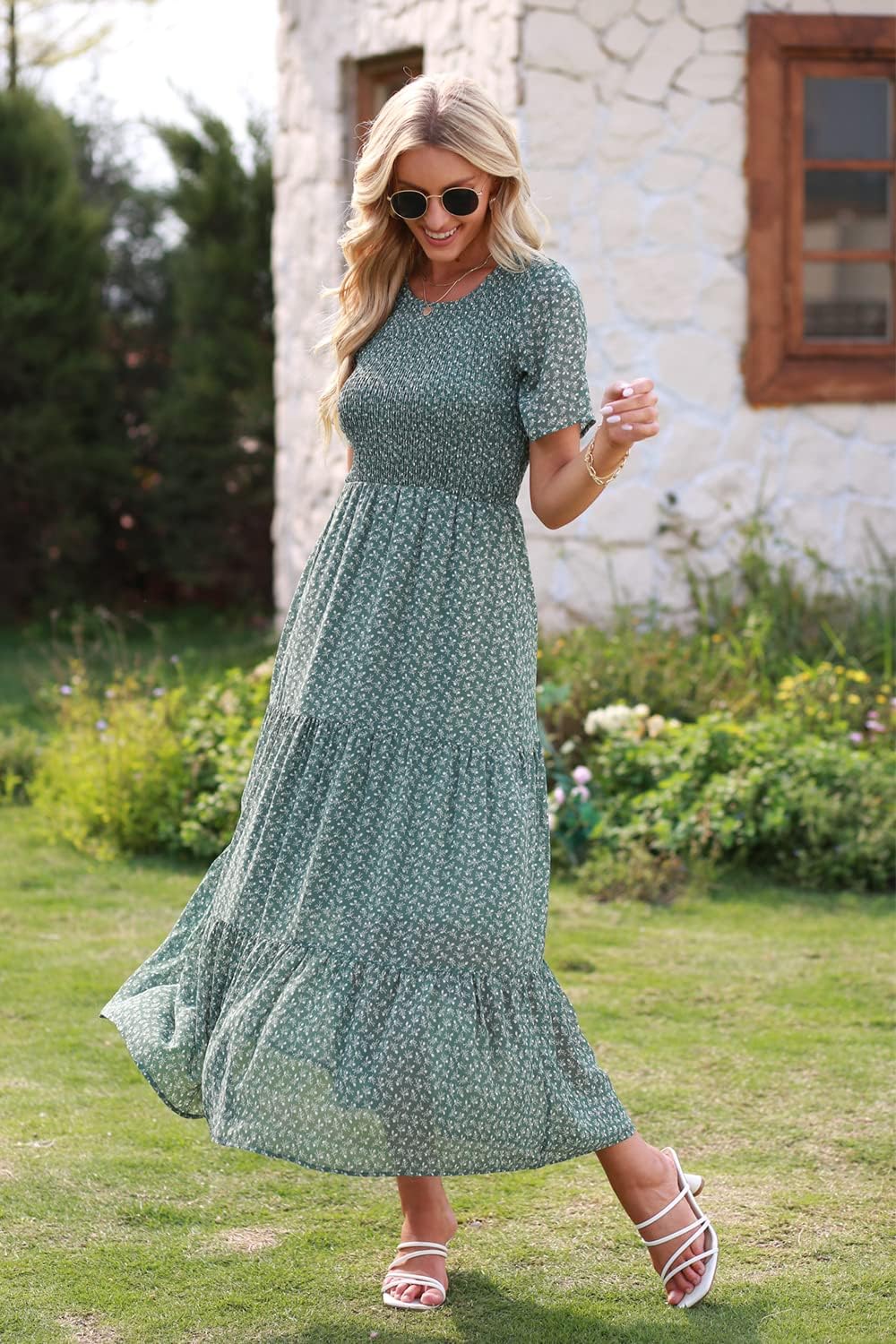 BTFBM Lässiges Sommerkleid für Damen, kurzärmelig, mit Rundhalsausschnitt, Boho-Stil, mit Blumendruc
