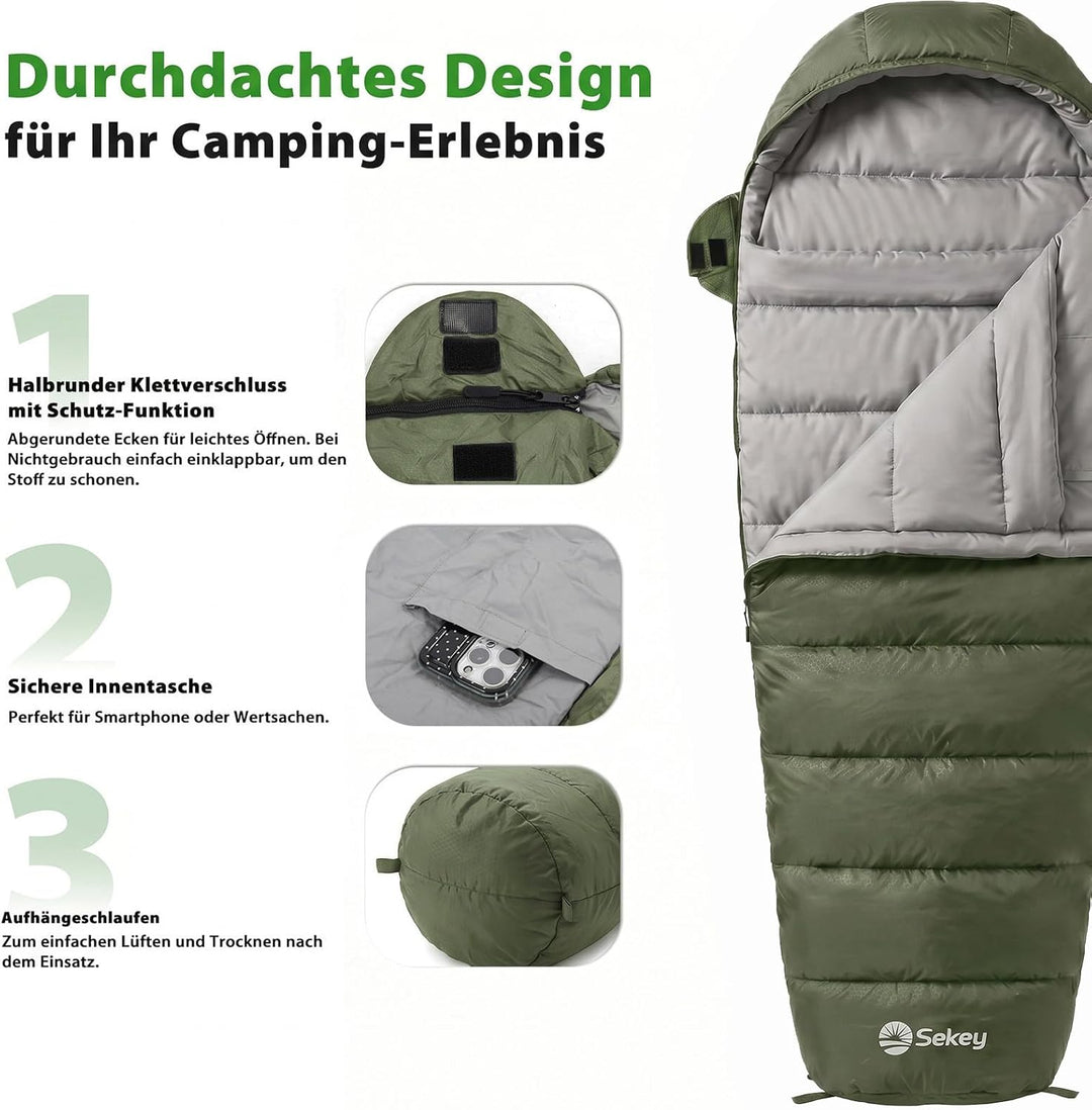 Sekey Schlafsack Erwachsene, Mumienschlafsack mit Anti-Klemm-Reissverschluss, Wasserabweisend & Reis
