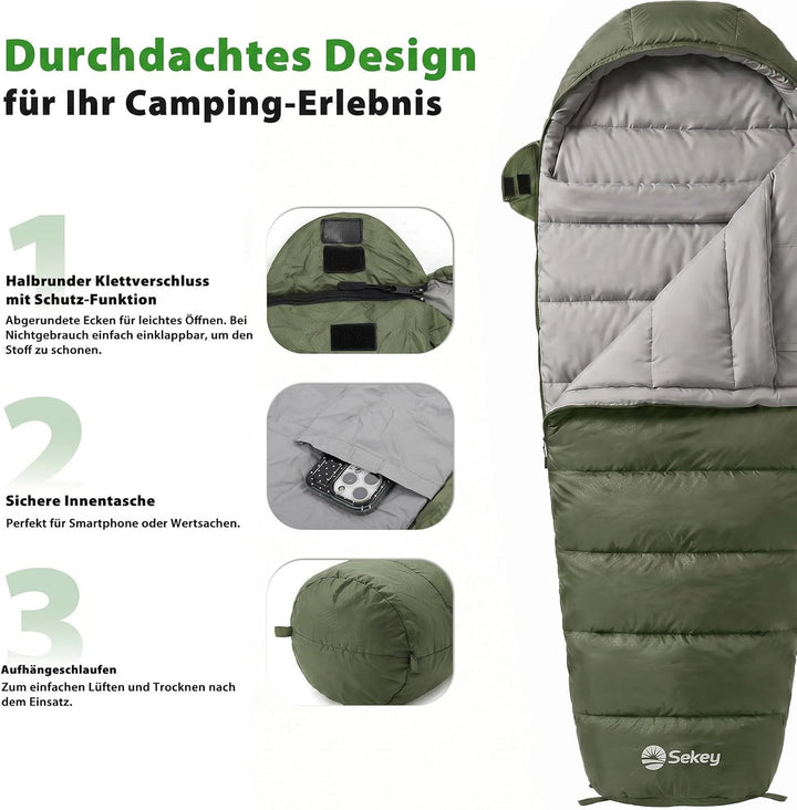 Sekey Schlafsack Erwachsene, Mumienschlafsack mit Anti-Klemm-Reissverschluss, Wasserabweisend & Reis