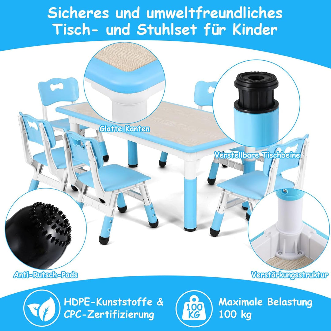 MAMIZO Kindertisch mit 6 Stühlen, Kindertischgruppe Höhenverstellbar, Kinder Tisch Stuhl Set für Kin